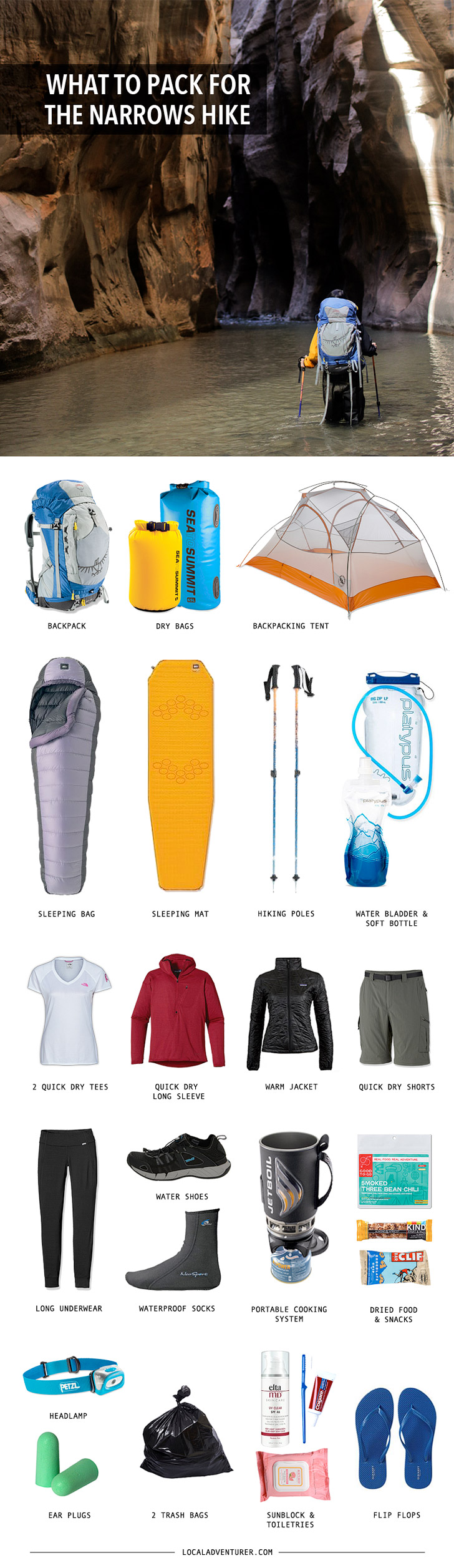 Backpacking Gear List for the Zion Narrows Hike Top Down.