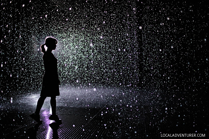 The LACMA Rain Room is an exhibit that combines art and technology and lets you walk in the rain without getting wet.