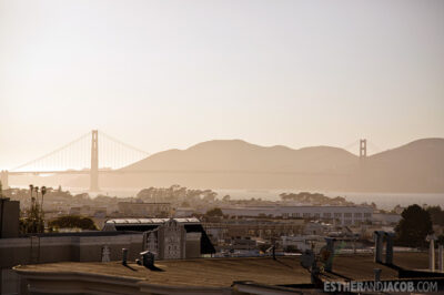 on a rooftop overlooking the golden gate bridge. san francisco