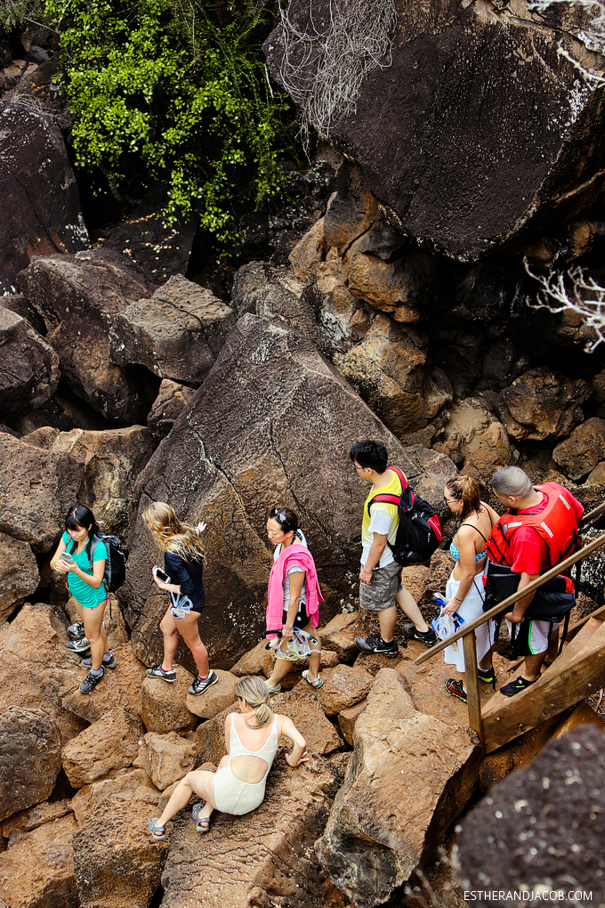 Hiking down to Las Grietas in Galapagos Islands.