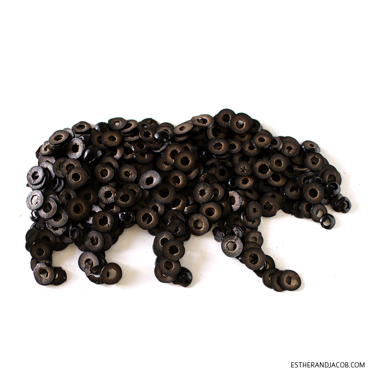 California Bear Food Art made from Black Olives.