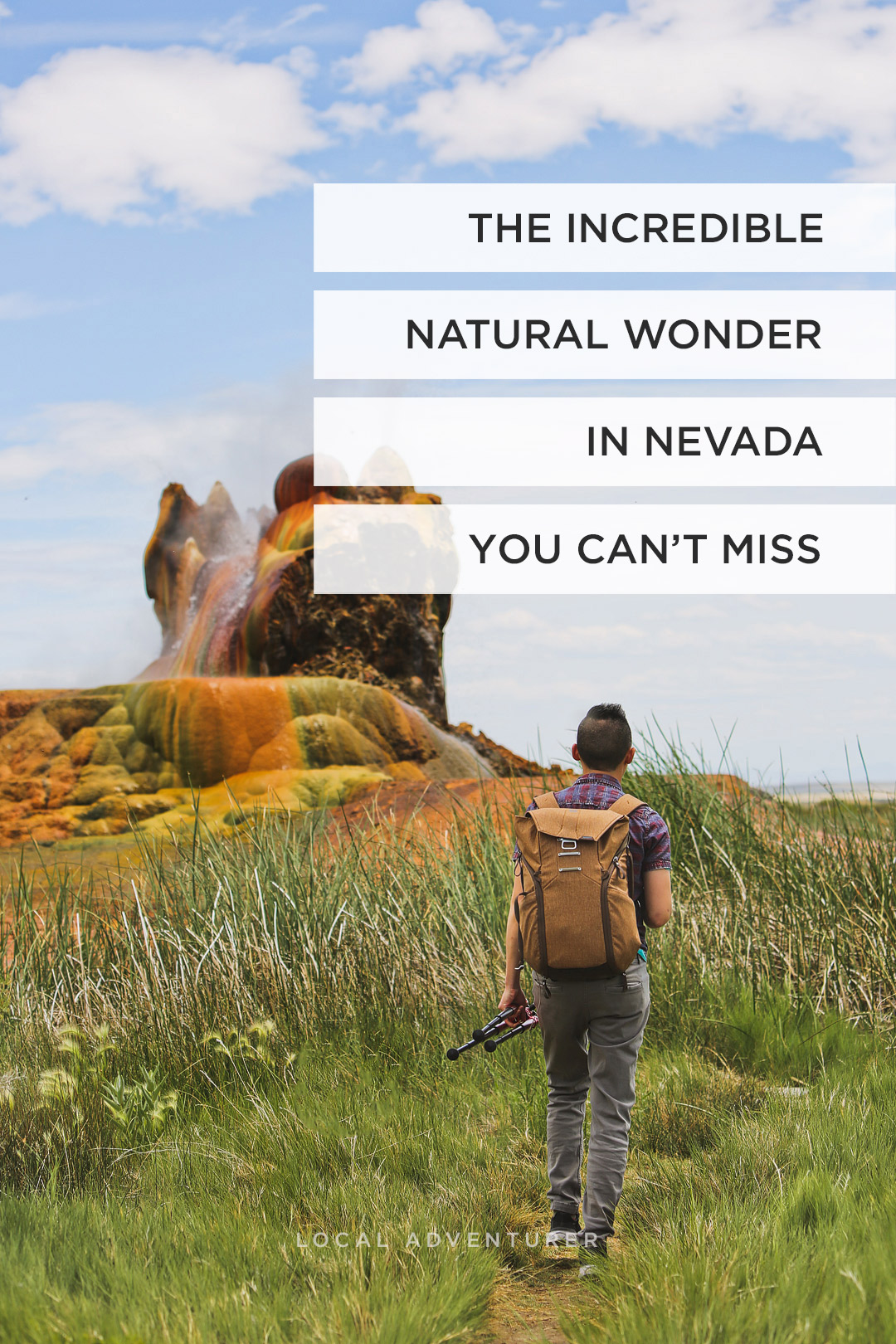 Ever heard of the natural wonder Fly Geyser in Nevada? Save this pin and check out our guide on everything you need to know. Find out more about how to book tours, learn about the hot springs, get photo tips on how to shoot this nevada geyser, and when to visit and what to bring. Go see this natural phenomenon now that it’s finally open to the public // Local Adventurer #localadventurer #travelnevada #dfmi #nevada #flygeyser #blackrockdesert #desert