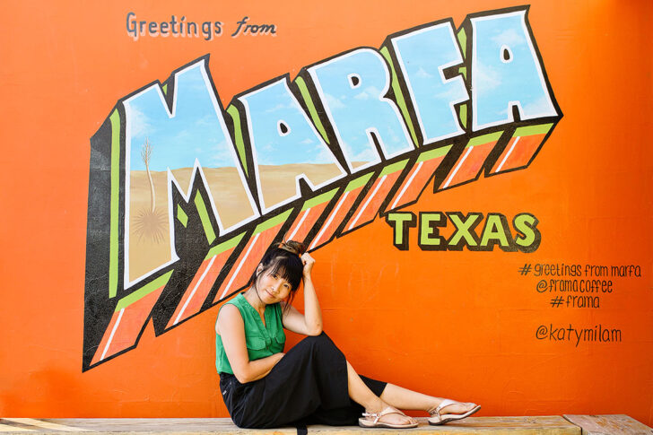 Greetings from Marfa Texas Mural in front of Frama Coffee