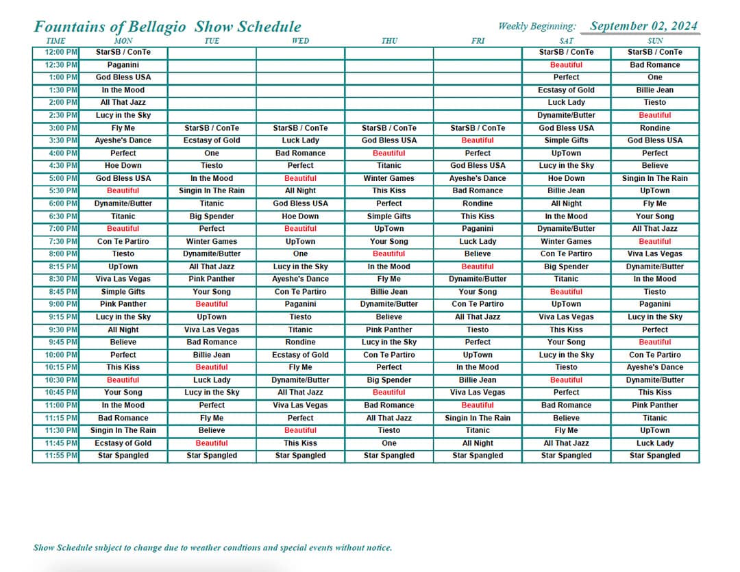 Bellagio Fountain Schedule 2024