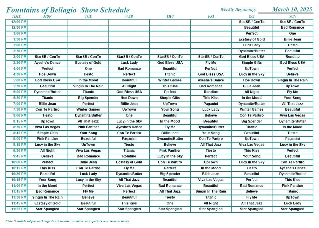 Bellagio Fountain Schedule 2025 Mar